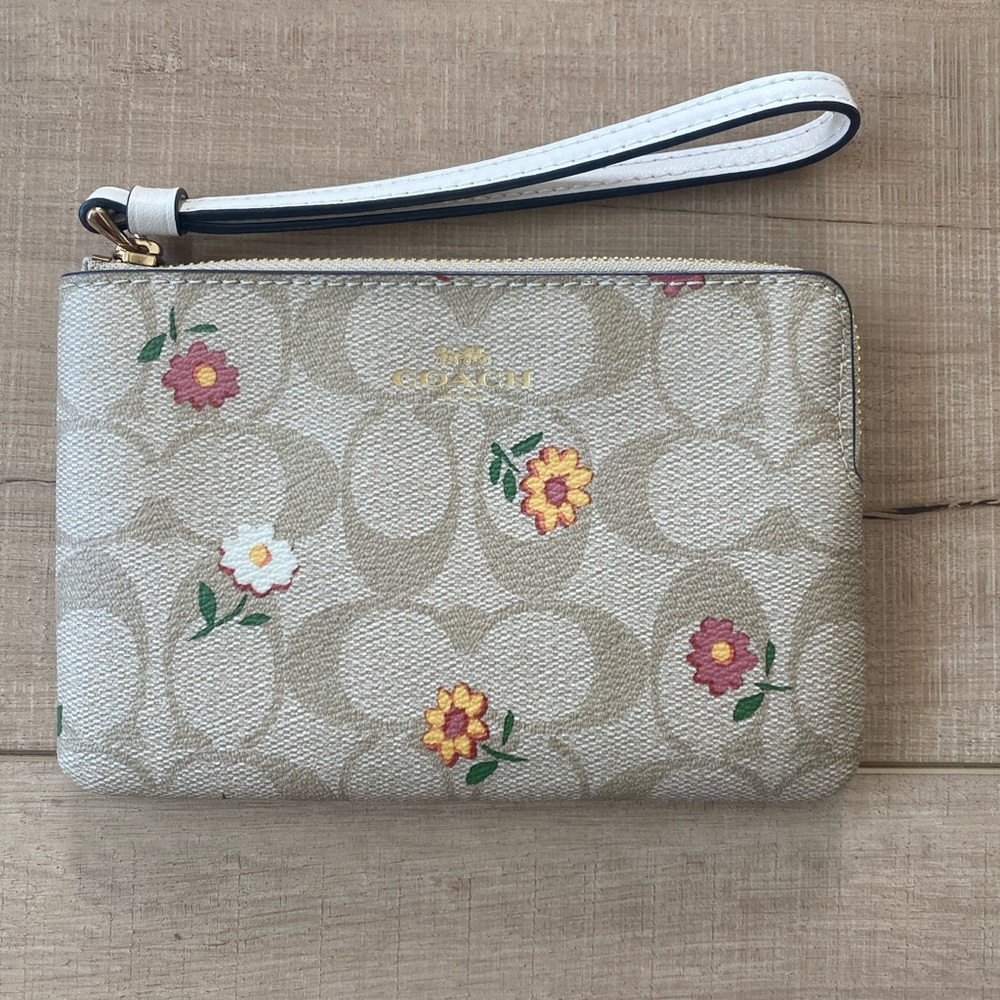 Coach Cream and Pink Floral Wristlet Clutch